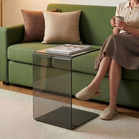 Mesa auxiliar Trölmapilu en forma de C vidrio templado 60x40x40 cm Gris oscuro [en.casa] (1/5)