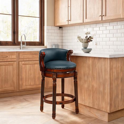 Tabouret de bar moderne en bois et cuir bleu pivotant (1/5)