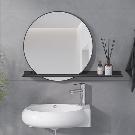 AQUABATOS Schminkspiegel Rund Badspiegel 50 cm Kosmetikspiegel mit Ablage mattschwarzer Wandspiegel Bad Spiegel für Badezimmer, Flur, Wohnzimmer (1/5)