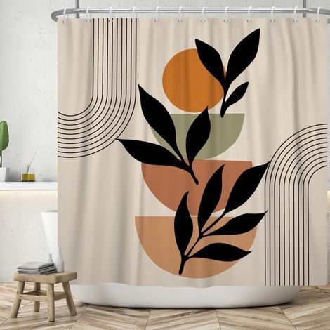CCYKXAA Duschvorhang im Boho-Stil, 180 x 180 cm, modernes abstraktes Boho-Design, schwarze Blätter, orangefarbene Sonne, khakifarbene Linien, waschbarer Textilvorhang (1/4)