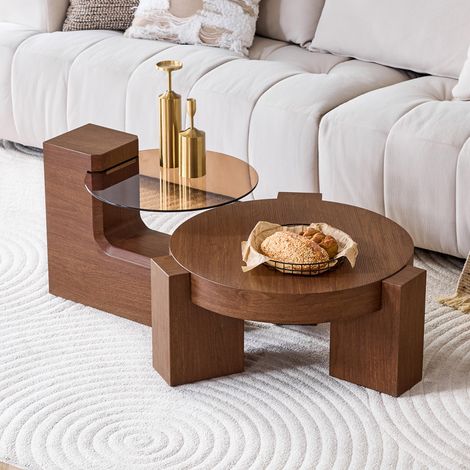 Ensemble de tables basses modulables avec plateau en verre brun transparent et structure MDF finition noyer, design démontable pour usage flexible