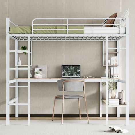 Lit mezzanine 140x200cm - Lit Enfant en Métal Certifié EN747 avec Bureau et Étagères – Style Industriel – Blanc (1/5)