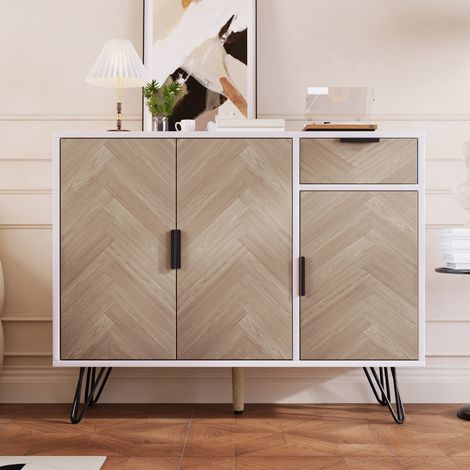 Comò rettangolare, con cassetti di stoccaggio, 3 porte in effetto legno, piedi in legno massello, stile vintage, mobili da soggiorno in legno - Bianco