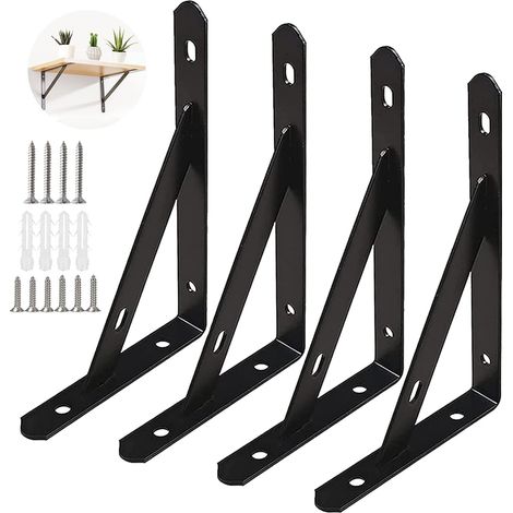 4 supports étagère murale 25 cm noirs acier, capacité charge 30 kg avec vis (1/4)