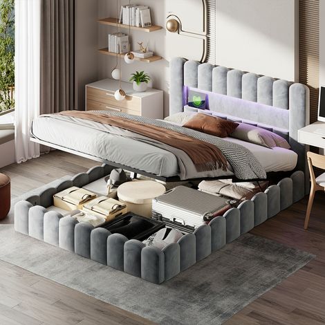 Lit coffre 180x200 cm, Cadre de lit à trois rangées de lattes, Avec tête de lit, Éclairage LED et fonction de charge, Velours, hydraulique lit - gris (1/5)