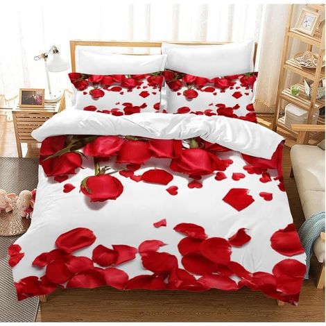 Parure de lit 3D Rouge avec Housse de Couette et 2 taies d'oreiller en Microfibre Motif Rose créative pour Adultes 90x190 cm - E1G (1/4)
