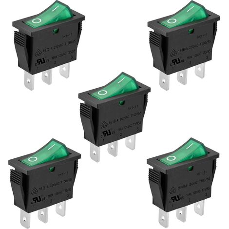 Lot de 5 interrupteurs à bascule ON/OFF à 3 bornes, lumière verte, 16 A 250 VAC (1/5)