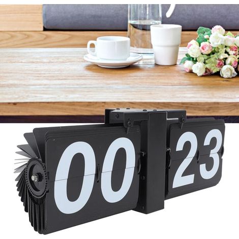 Minimalistische Retro-Klappuhr mit automatischem Mechanismus und digitaler Klappfunktion sowie 24-Stunden-Anzeige für Zuhause und Büro – Stahl, PVC 304, 36 cm, Schwarz