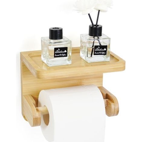 Toilettenpapierhalter aus Holz, natürlicher Bambus, Ablagefach, Montage mit Kleber oder Schrauben, für Badezimmer (1/5)