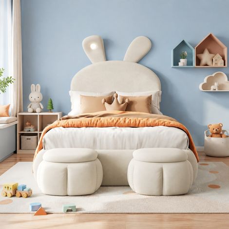 Cama infantil individual 90x200 cm de terciopelo beige con almacenaje, sin colchón FloraGrace (1/5)