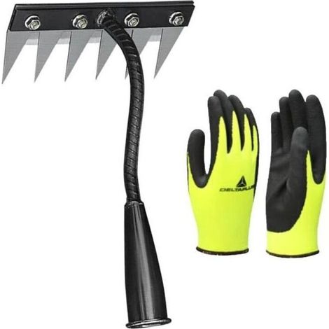 Râteau de désherbage à 6 dents et gants en caoutchouc, outil de désherbage avec poignée, râteau de jardin en métal robuste, râteau pour désherber, ameublir le sol et semer