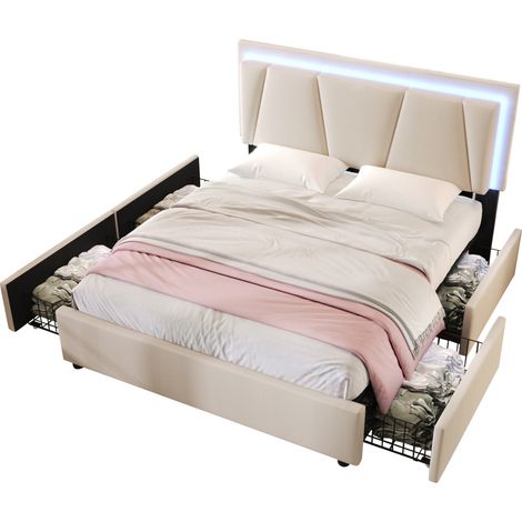 FLORAGRACE Lit adulte coffre 160x200 cm en bois beige, avec LED, 4 tiroirs, tête réglable et matelas (1/5)