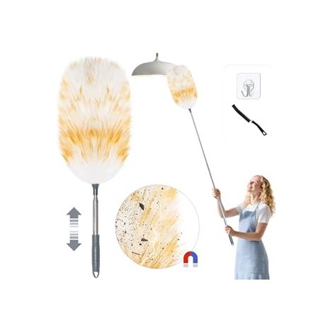 Plumero de lana de cordero de alta calidad, telescópico, lavable, extensible hasta aprox. 130 cm: aspiración electrostática de polvo para techos y superficies sensibles, eliminación de polvo sin araña