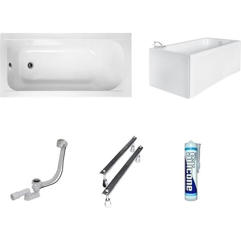 ECOLAM Baignoire rectangle Continea 140x70 cm pieds, tablier en acrylique, siphon + silicone. Baignoire acrylique blanc (1/5)