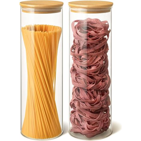 Bocal En Verre - Lot De 2 - Verre Et Bambou - Hermétique - Pour Pâtes Et Céréales - 31cm (1/5)