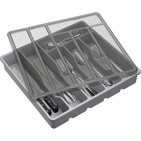 Range Couverts pour Tiroir avec Couvercle, Boîte de Rangement Couverts de Cuisine, Organisateur de Couverts en Plastique, pour Cuillères Fourchettes, Couteaux, 6 Compartiments, Gris (1/5)