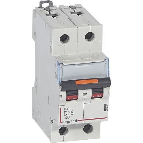 Disjoncteur DX³ 25kA arrivée haute et départ bas à vis 2 Pôles de 230V à 400V 25A courbe D 2 modules LEGRAND 409822