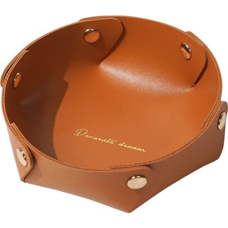 Bandeja redonda de cuero, bandeja de almacenamiento de cuero, bandeja de joyería de imitación de cuero, bandeja de almacenamiento para monedas, llaves, relojes, material de oficina, joyas (naranja) (1/5)