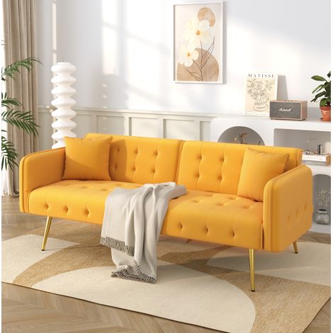 Canapé convertible 178x82x70 cm jaune en velours avec dossier et accoudoirs réglables (1/5)