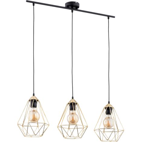 Suspension loft noire barre 3 abat-jour dorés E27 Alfa (1/3)