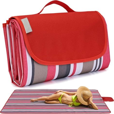 Tapis de pique-nique imperméable - convient pour l'extérieur, la plage, l'intérieur, etc. - 1 pièce, rayures rouges / 145 x 200 cm (1/5)