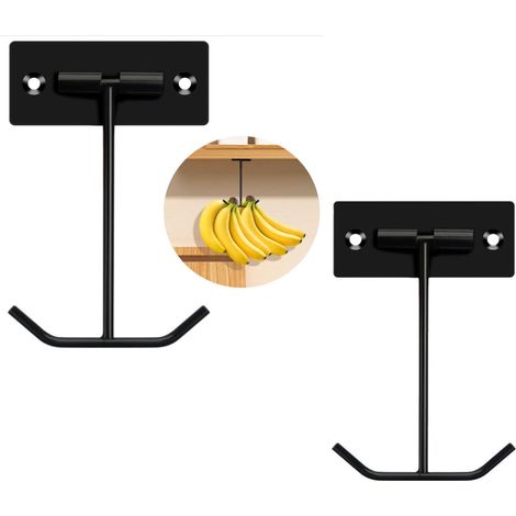 Crochet porte-bananes auto-adhésif et pliable, en métal noir, à fixer sous un meuble pour ranger les fruits frais. Support robuste et peu encombrant idéal pour la cuisine, un camping-car, une résidenc (1/5)