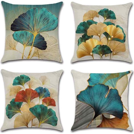 Taies d'oreiller Elkuaie Ginkgo - 40x40 cm - Imprimé feuille de Ginkgo doré sur lin turquoise - Lot de 4 - Pour canapé fauteuil lit (1/5)