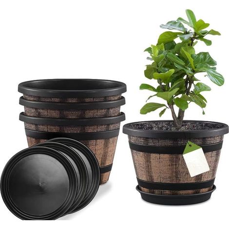 Set aus 3 10-Zoll-Whiskyfass-förmigen Pflanzgefäßen mit Abflusslöchern und Untersetzern, dekorative Kunststoff-Pflanzgefäße in Fassform, geeignet für Zimmer- und Gartenpflanzen (braun).