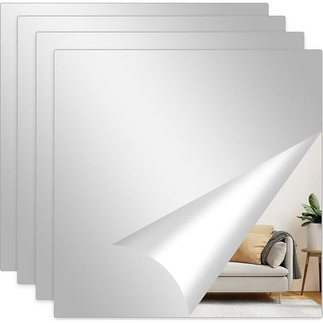 Lot de 4 films miroir autocollants - Miroir à coller - Carré - 30 x 30 cm - Carreaux de miroir en acrylique - Pour salle de bain, école, salon, chambre à coucher (1/5)