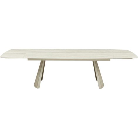 Table à manger rectangulaire extensible 8/12 pers. en céramique effet Travertin et piètement blanc 200/300x100 cm - Bruma (1/5)