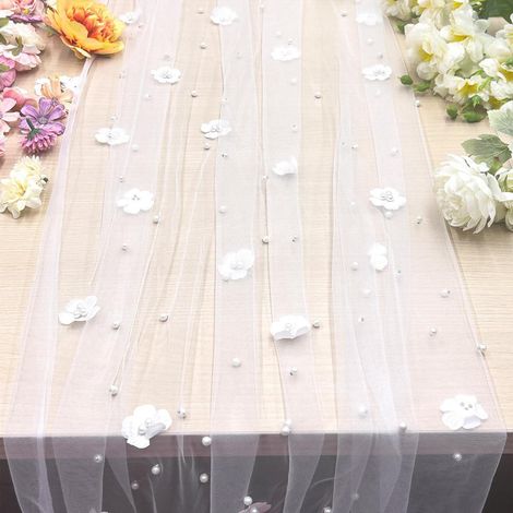 Tischläufer Tüll mit Perlen 300x80cm Weiß für Hochzeiten & Partys