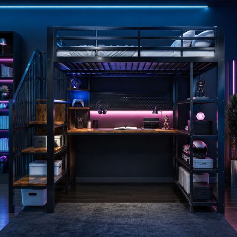 Cama alta de metal 140 x 200 cm con escritorio, estantería, LED y enchufe, negro (1/5)