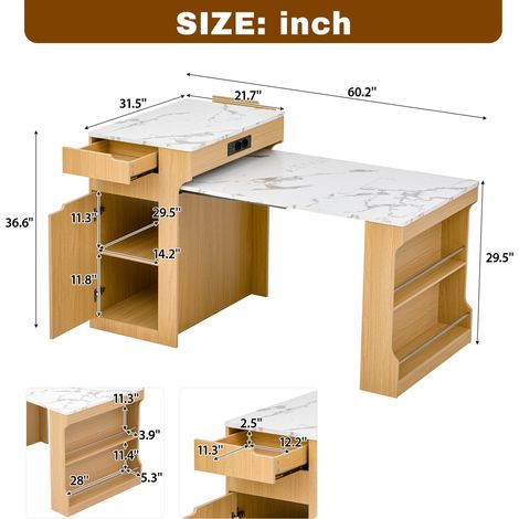 Kücheninsel mit Rollen, Ausziehbarer Esstisch mit Steckdosenleisten und zwei Schubladen, dient als Kücheninsel, Sideboard oder Anrichte für Küche und Esszimmer (Natur) (1/5)