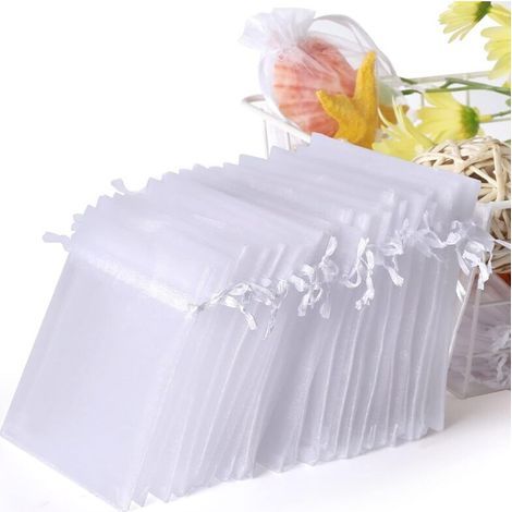 AHLSEN Lot de 100 sachets en organza blanc, 7 x 9 cm, pochette cadeau en organza, pochette à bijoux, sachets de mariage, sachets de lavande, faveur de mariage (1/5)