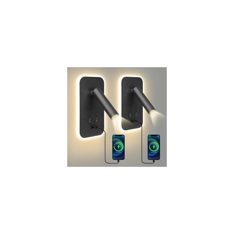 Liseuse de Chevet, 2PCS Applique Murale LED Chambre avec Interrupteur et Charge USB, 3W+9W 3000K Fixation Murale Spot Rotatif, Lumières Mural Lit Lampe Murale Couloir Hotel (Noir-2pcs) [Classe énergét