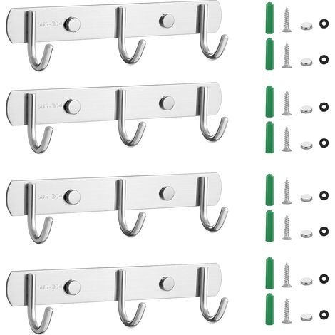 4 PCS Porte Manteau Mural,3 Hook Patères Porte Manteaux Design En Acier Inoxydable,Patères Salle De Bains Solide pour Vêtements, Chapeaux, Peignoirs (1/5)