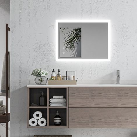 Miroir mural lumineux LED de salle de bain 70L x 50l centimètres 3 couleurs luminosité réglable interrupteur tactile transparent