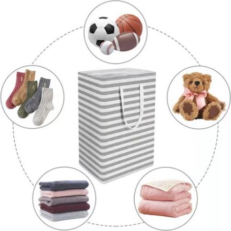 Sacs de rangement en tissu, paniers de rangement en tissu, paniers à linge pliables, sacs à linge rayés, 75L, rayures grises et blanches, 2 sacs. (1/5)