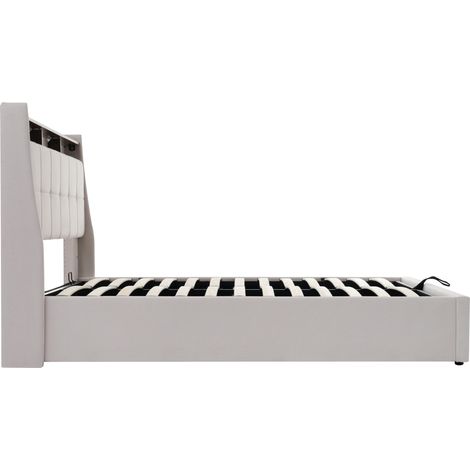Cama tapizada 140x200 cm con USB y LED, estructura de metal, lino beige, MODENUIT (1/5)