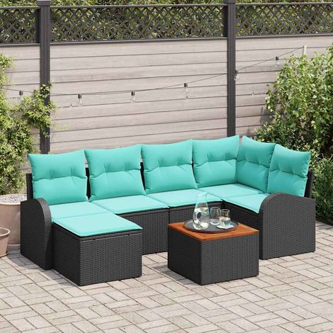 Salon de jardin modulable 7 pièces en polyrotin noir et turquoise, 6 places - PANGIVO (1/5)