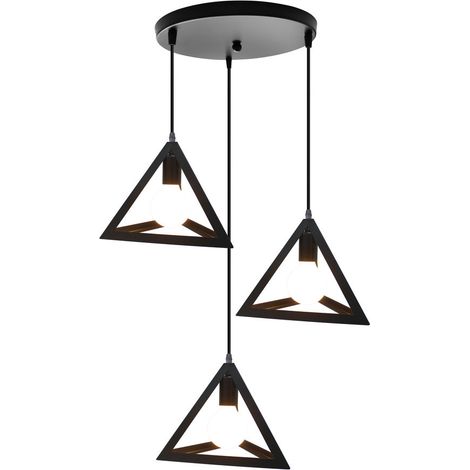 Lampara Colgante Triángulo Creativo Industrial Jaula De Hierro Hueco Lámparas De Colgar 3 Luuces Moderno Para Cocina Restaurante Sala (Negro)