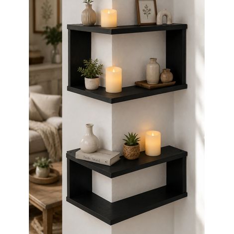 (Lot de 2 étagères murales d'angle rustiques noires) Étagères flottantes en bois pour rangement et présentation de plantes dans le salon, décoration intérieure (1/5)