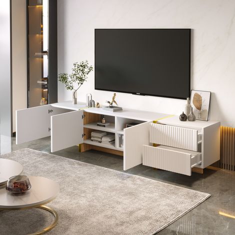 MODFU Mobile TV 190x35x45cm con 2 cassetti e 4 ante, portata 60 kg, MDF+pannello truciolare, bianco+oro (1/5)