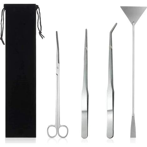 Kit d'entretien 4 en 1 pour Aquascaping - INOX Aquarium Tank Plante Aquatique Outils Kit d'entretien pour Aquarium en Acier Inoxydable Ciseaux Aquarium avec Pinces,Spatule avec Sac de Rangement (1/5)