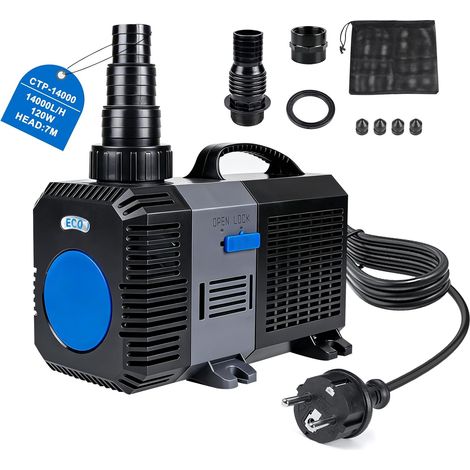 1 Pompe de bassin 14000L/H 120W, Hauteur 7m, Pour étang Koï, Fontaine et ruisseau