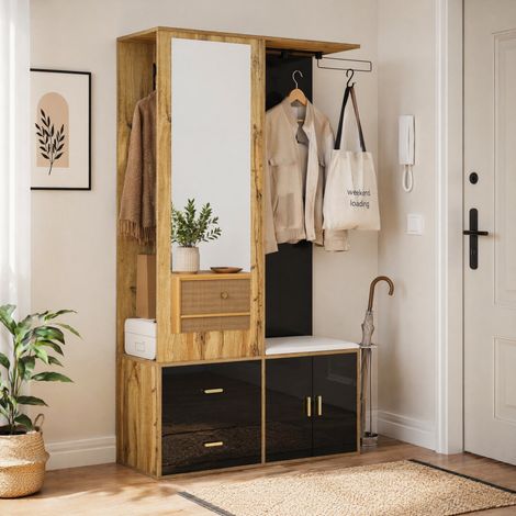 Flurmöbel mit Spiegel, Garderobe, Schuhbank 100 x 38 x 180 cm, schwarz und Holz HAVRYA (1/5)