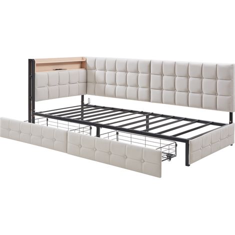 Lit banquette rembourré 90 x 200 cm en velours beige avec 2 tiroirs, LED, USB et Type-C HOMVRA (1/5)