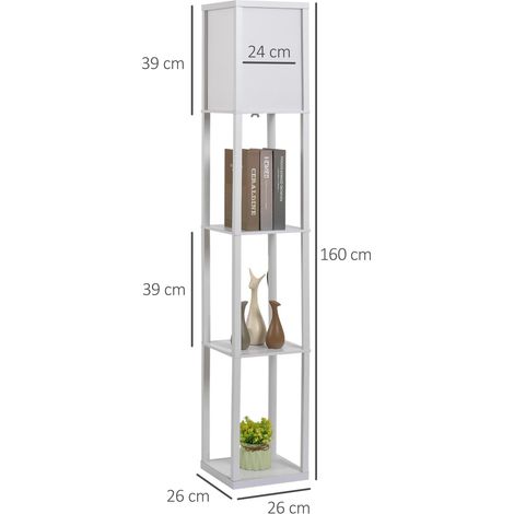 Lampadaire avec 3 étagères intégrées, douille E27, puissance 40 W, meuble moderne en MDF, 26 x 26 x 160 cm, blanc (1/5)