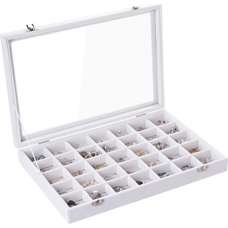 Velvet plateau de bijoux 35 compartiments boîte de rangement bijoux avec couvercle boucles d'oreilles boîte de rangement tiroir insert anneau cadeau pour les femmes (Beige 35 compartiments) (1/5)