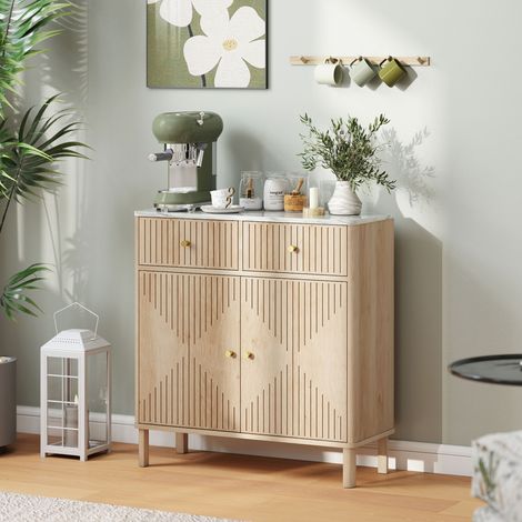 Buffet, meuble de rangement cannelé avec plateau effet marbre, 2 tiroirs, 2 portes, étagère réglable, 77x30x80cm, chêne (1/5)